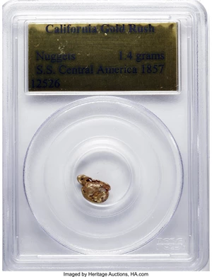 image for: California Gold Rush Nuggets. Ex: S.S. Central America. 1.4 grams. Several tiny nuggets are encapsulated together inside an...