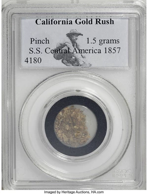 image for: California Gold Rush Pinch. Ex: S.S. Central America. 1.5 grams. Numerous small chestnut-brown gold flakes are encapsulated ...