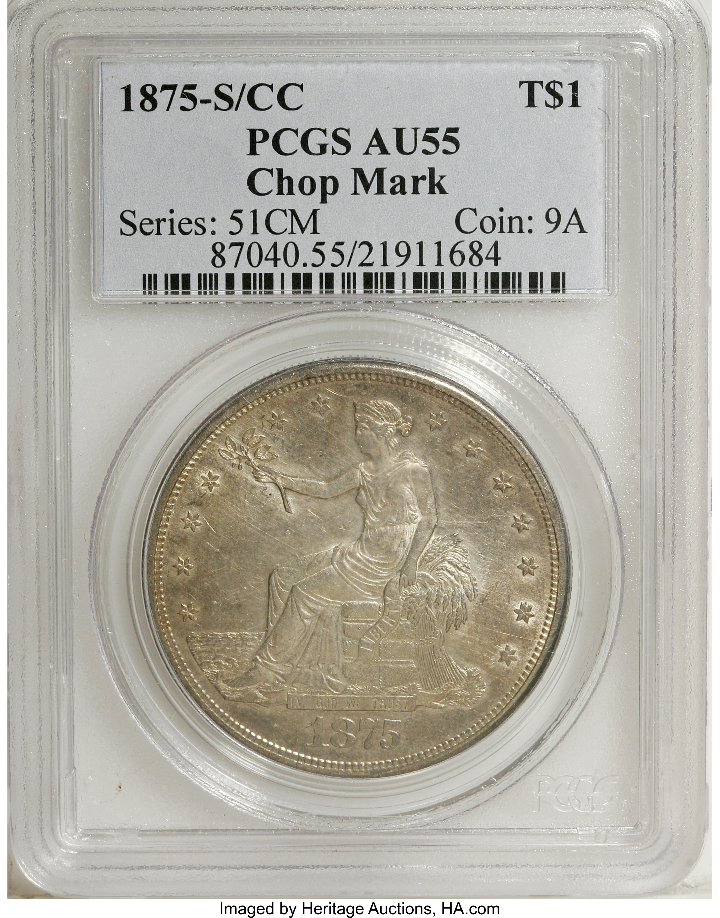 image for: 1875-S/CC T$1 Chop Mark AU55 PCGS....