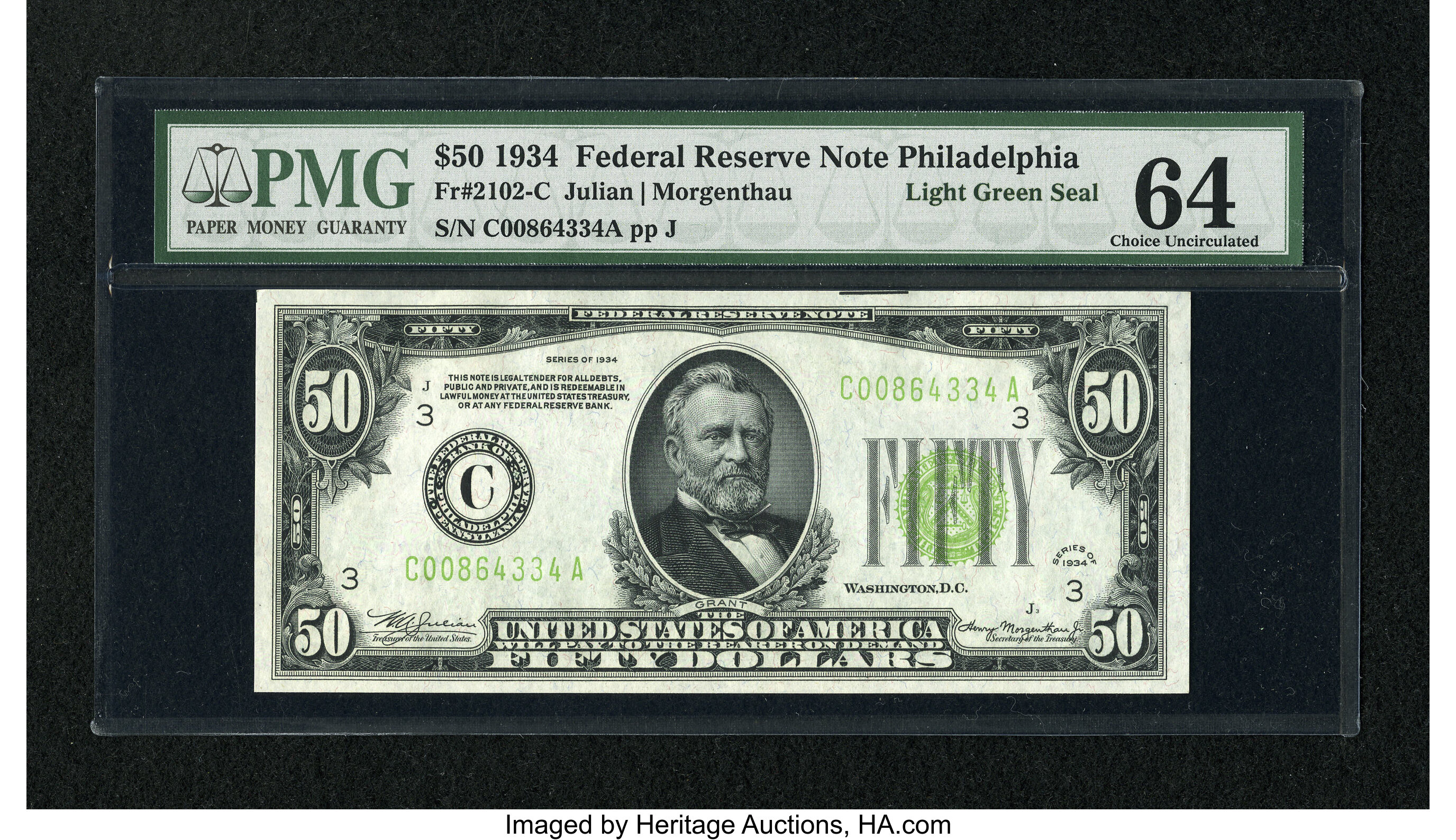 image for: Fr. 2102-C $50 1934 Light Green Seal Federal Reserve Note. PMG Choice Uncirculated 64....