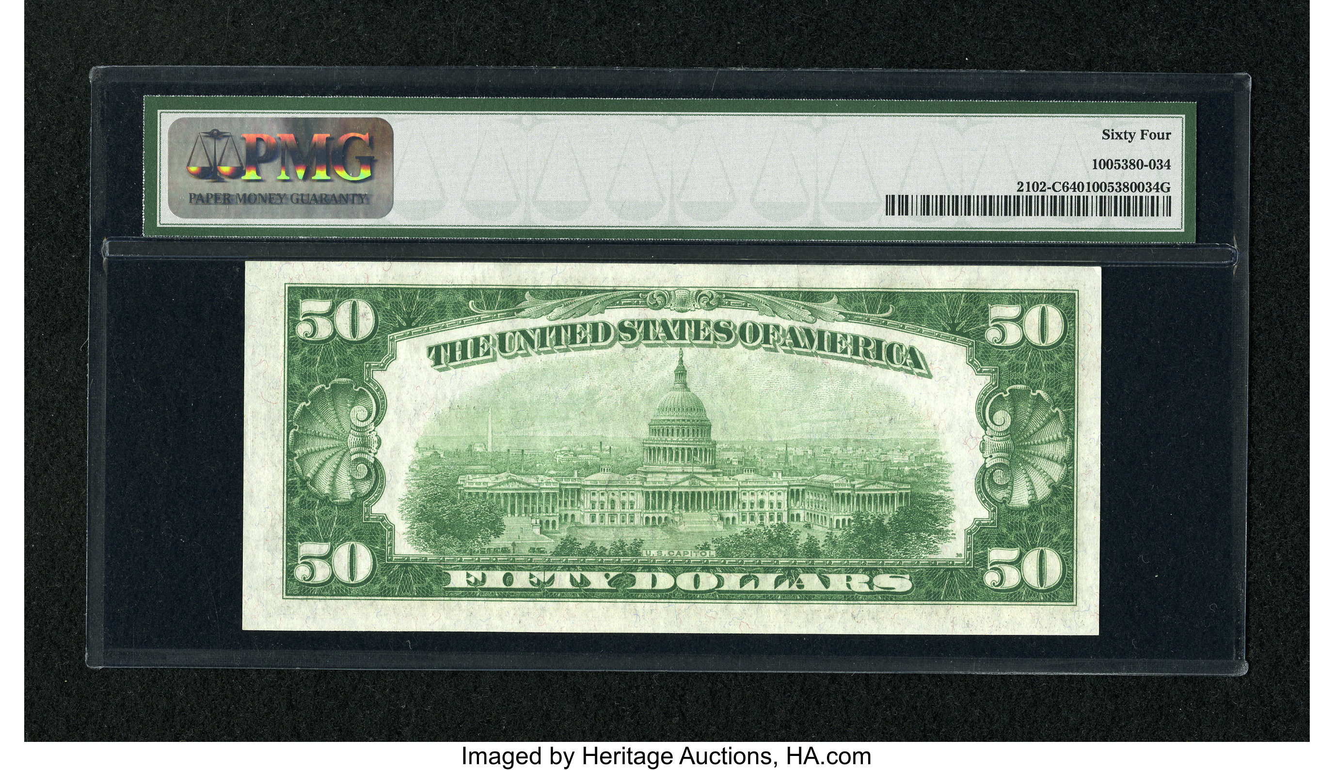 image for: Fr. 2102-C $50 1934 Light Green Seal Federal Reserve Note. PMG Choice Uncirculated 64....