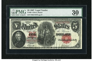 image for: Fr. 89 $5 1907 Legal Tender PMG Very Fine 30....