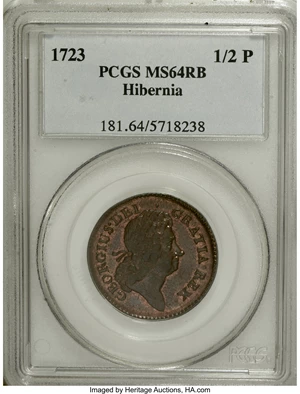 image for: 1723 1/2P Hibernia Halfpenny MS64 Red and Brown PCGS....