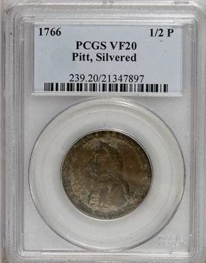 image for: 1766 1/2P Pitt Halfpenny, Silvered VF20 PCGS. PCGS Population (3/3). NGC Census: (0/0). (#239)...
