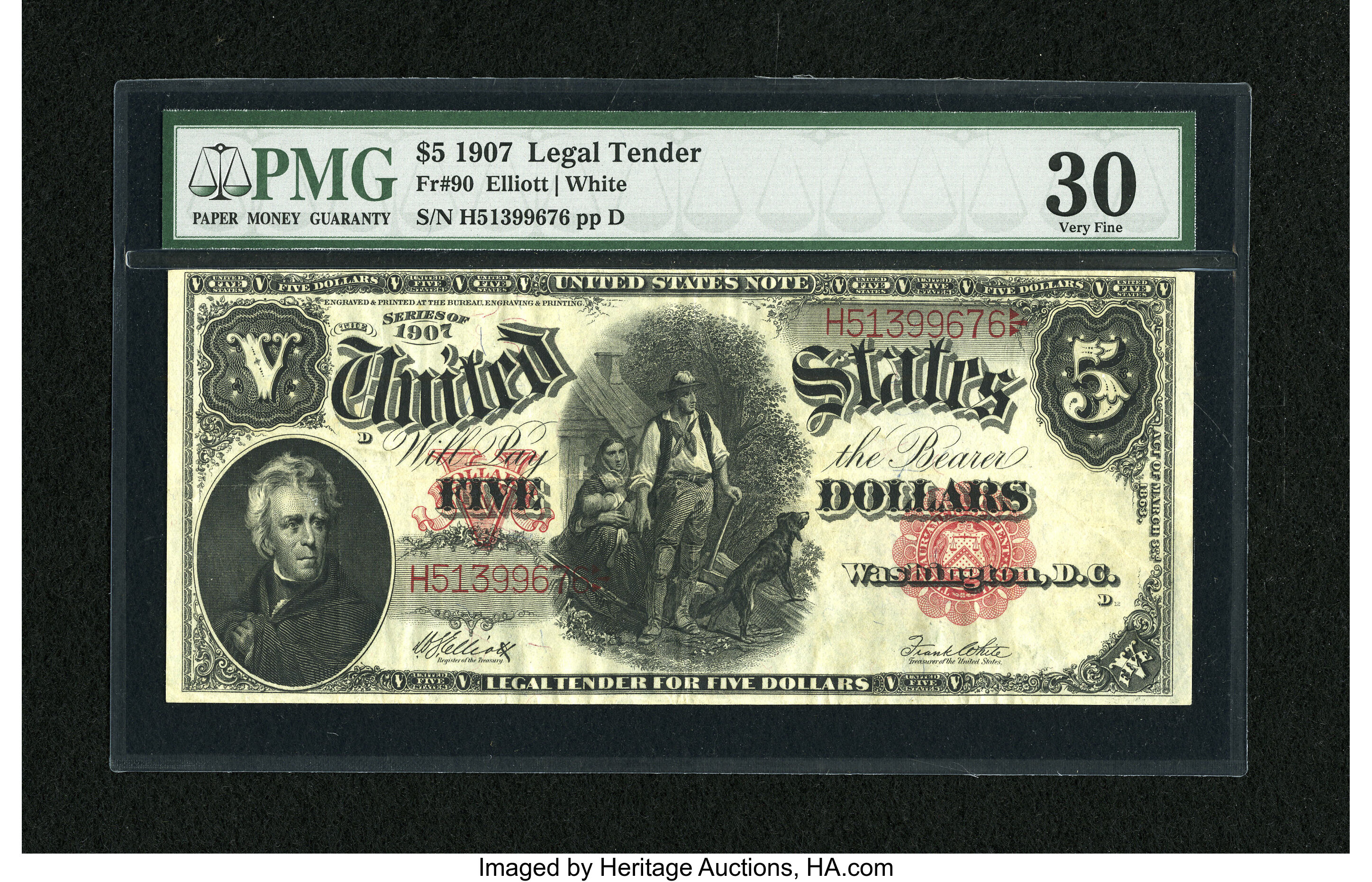 image for: Fr. 90 $5 1907 Mule Legal Tender PMG Very Fine 30....