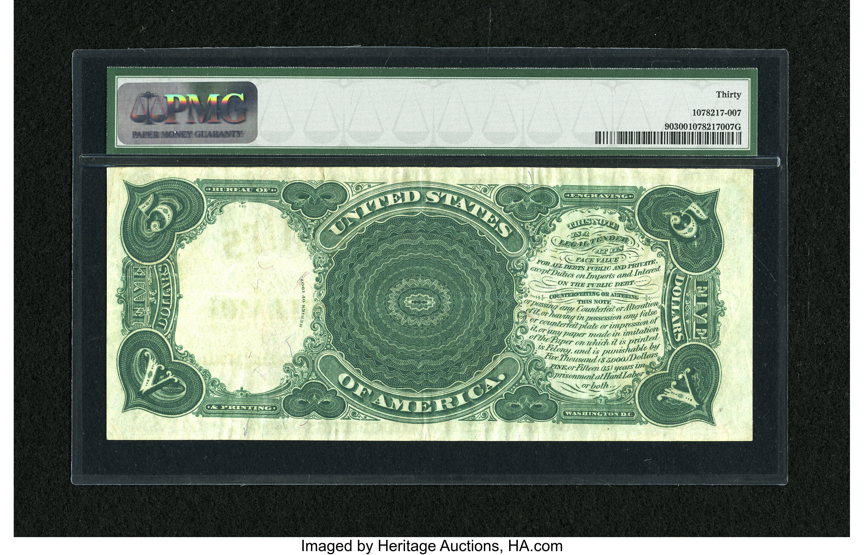 image for: Fr. 90 $5 1907 Mule Legal Tender PMG Very Fine 30....