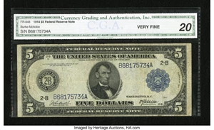 image for: Fr. 848 $5 1914 Federal Reserve Note CGA Very Fine 20....