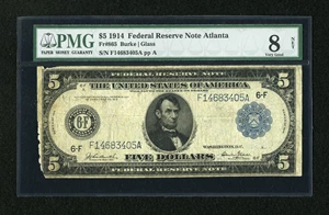 image for: Fr. 865 $5 1914 Federal Reserve Note PMG Very Good 8 Net....