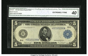image for: Fr. 874 $5 1914 Federal Reserve Note CGA Extremely Fine 40....