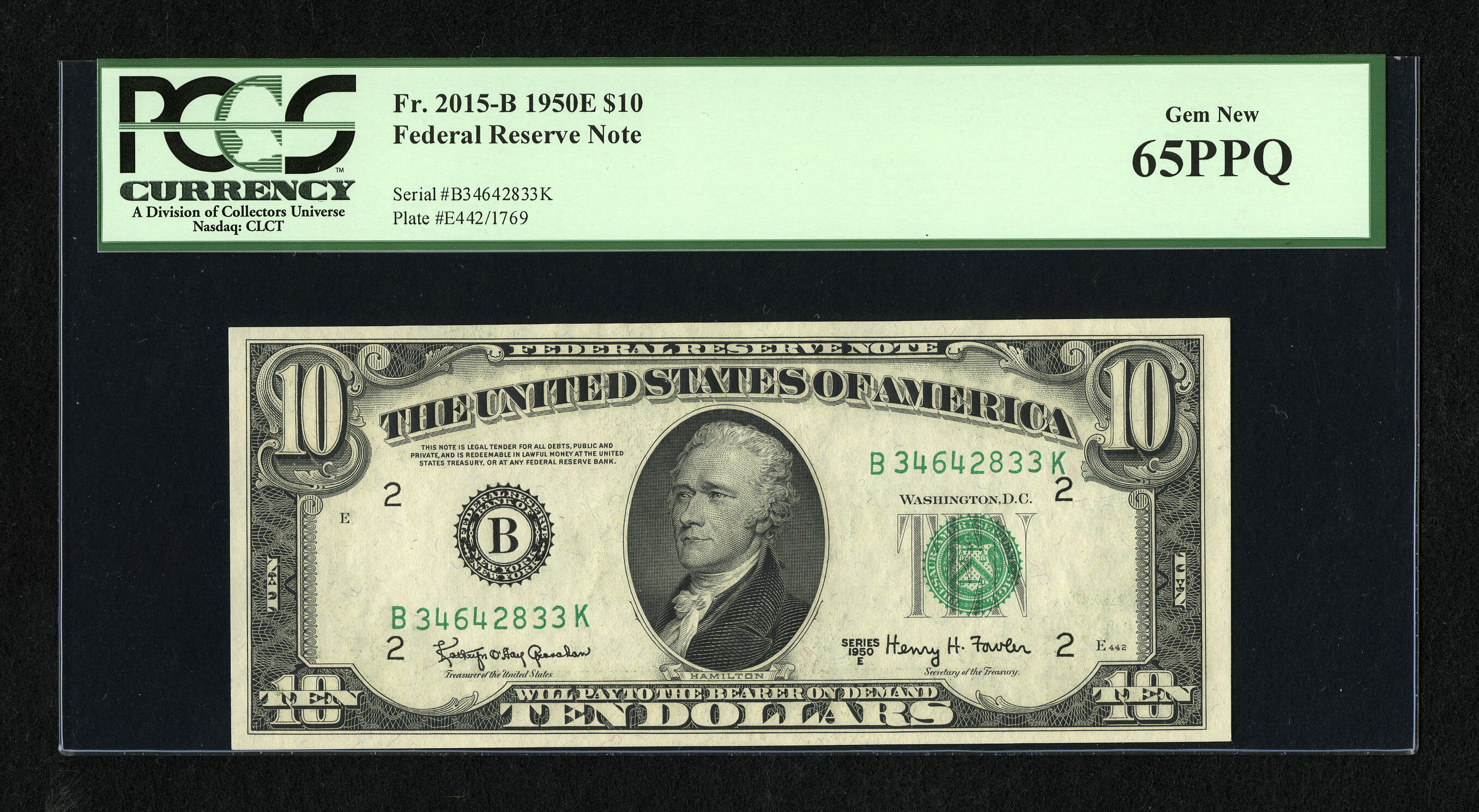 image for: Fr. 2015-B $10 1950E Federal Reserve Note. PCGS Gem New 65PPQ....