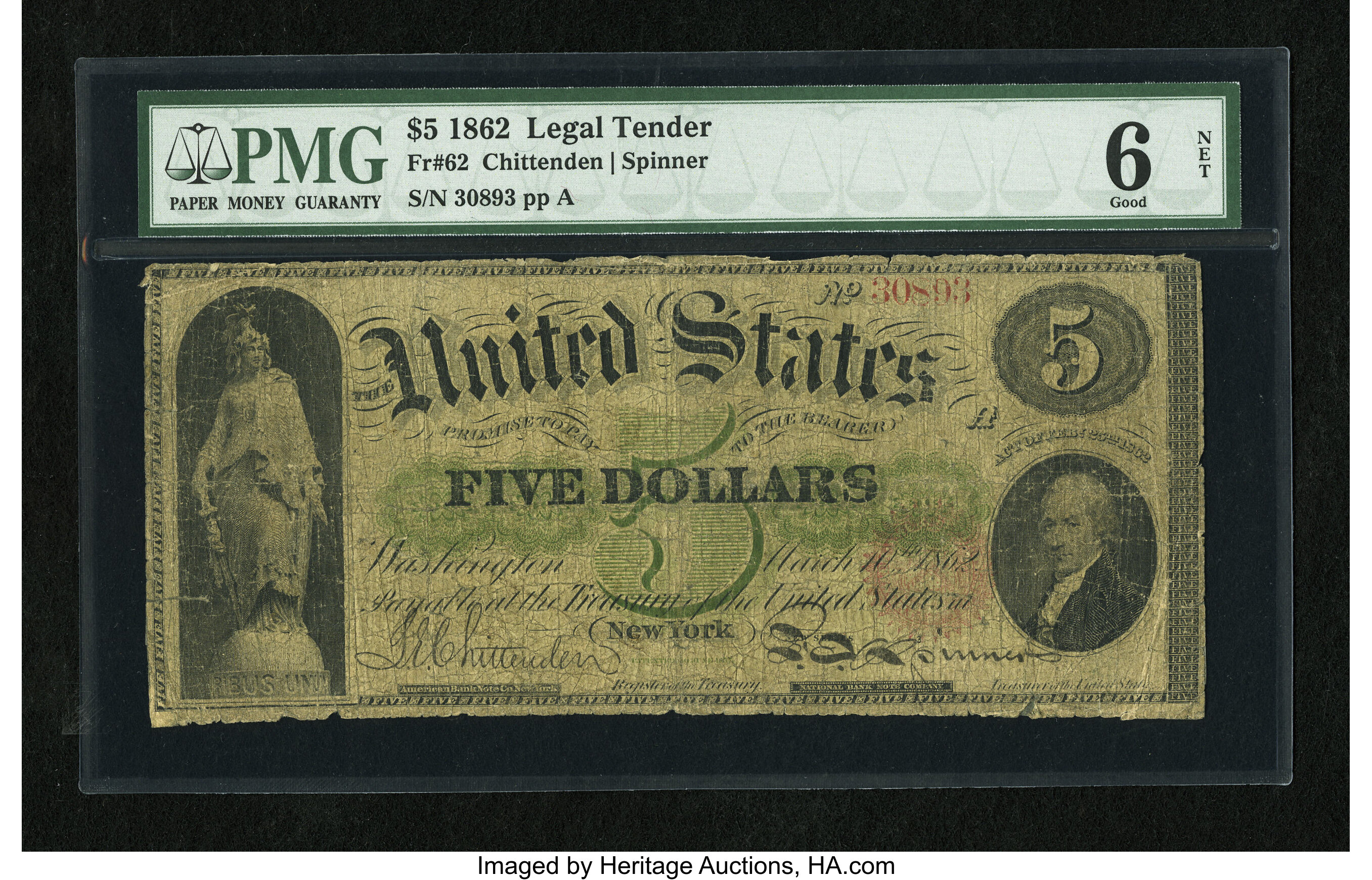 image for: Fr. 62 $5 1862 Legal Tender PMG Good 6 Net....