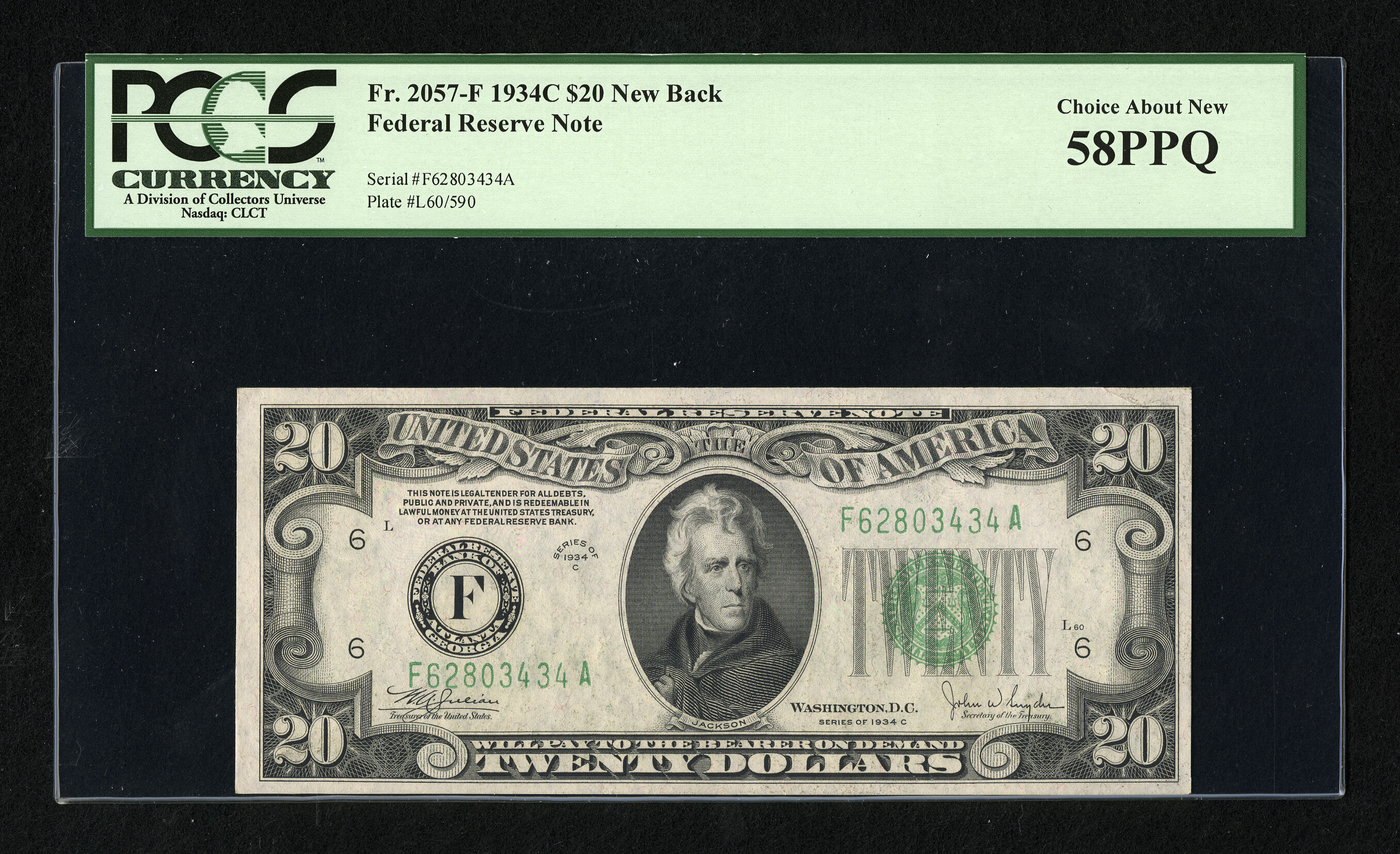 image for: Fr. 2057-F $20 1934C Federal Reserve Note. PCGS Choice About New 58PPQ....