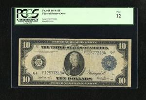 image for: Fr. 925 $10 1914 Federal Reserve Note PCGS Fine 12....