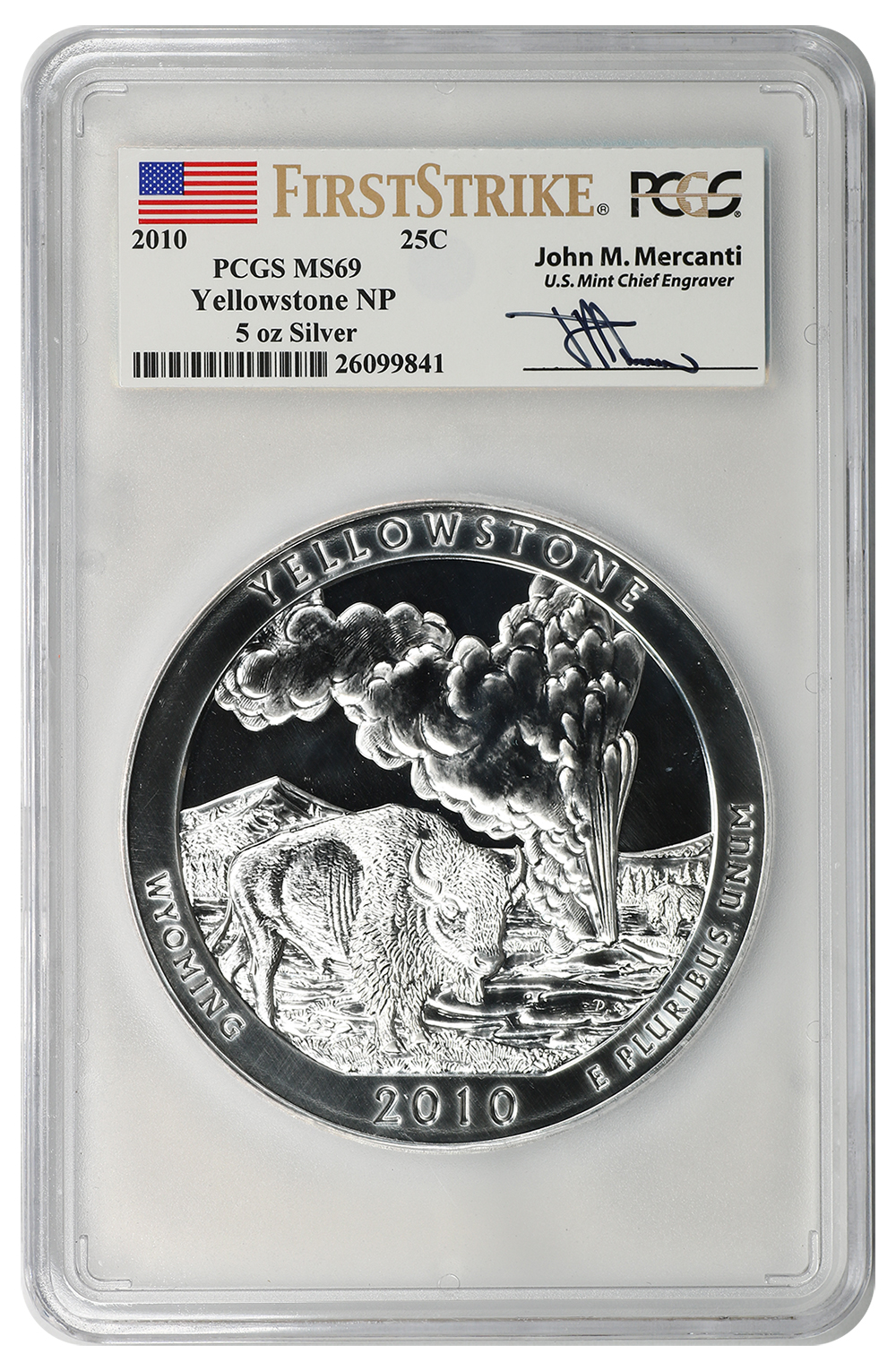 image for: 2010 Yellowstone NP 5oz Silver 25c PCGS MS69 (First Strike  Mercanti Signature)