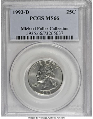 image for: 1993-D 25C MS66 PCGS. Michael Fuller Collection. PCGS Population (100/6). NGC Census: (45/15). Mintage: 645,476,096. (#593...