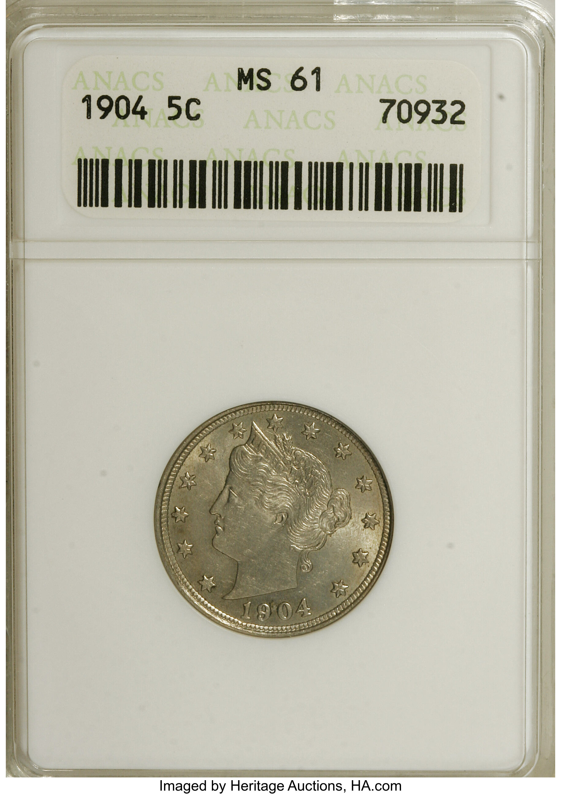 1904 5C MS61 ANACS. NGC Census: (8/517). PCGS Population (2/712). Mintage: 21,404,984. Numismedia Wsl. Price for NGC/PCGS c...