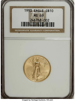 image for: 1993 G$10 Quarter-Ounce Gold Eagle MS69 NGC. NGC Census: (396/11). PCGS Population (408/2). Mintage: 71,864. Numismedia Wsl...