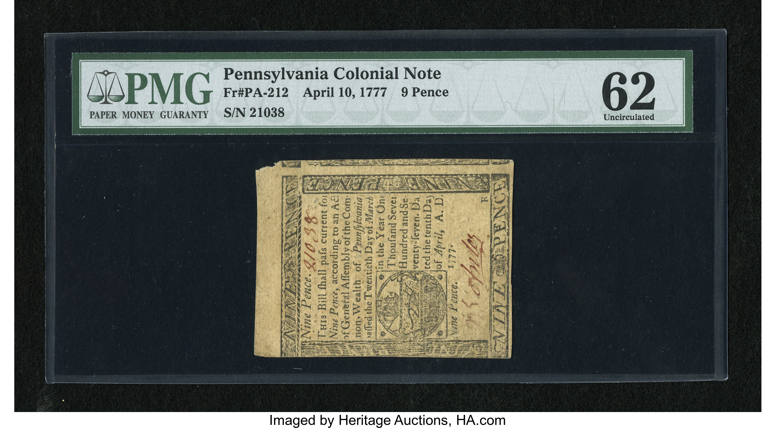 image for: Pennsylvania April 10, 1777 9d PMG Uncirculated 62....