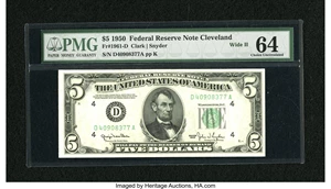 image for: Fr. 1961-D $5 1950 Wide II Federal Reserve Note. PMG Choice Uncirculated 64....