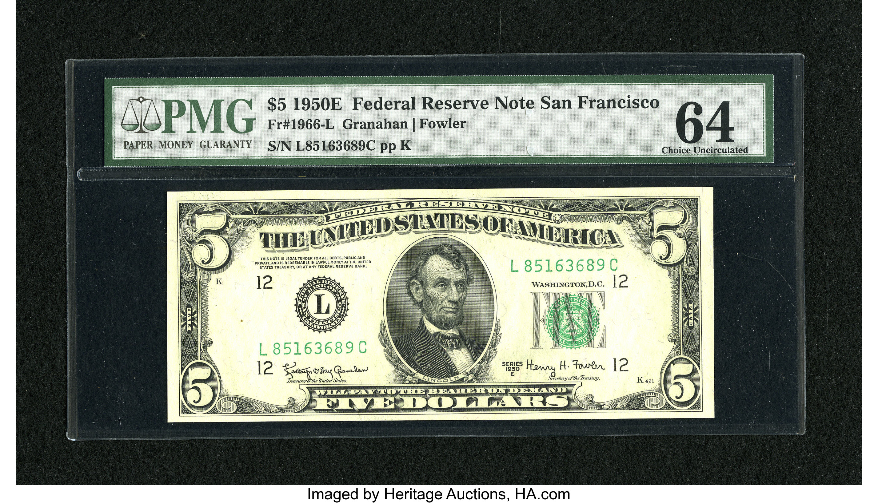 image for: Fr. 1966-L $5 1950E Federal Reserve Note. PMG Choice Uncirculated 64....