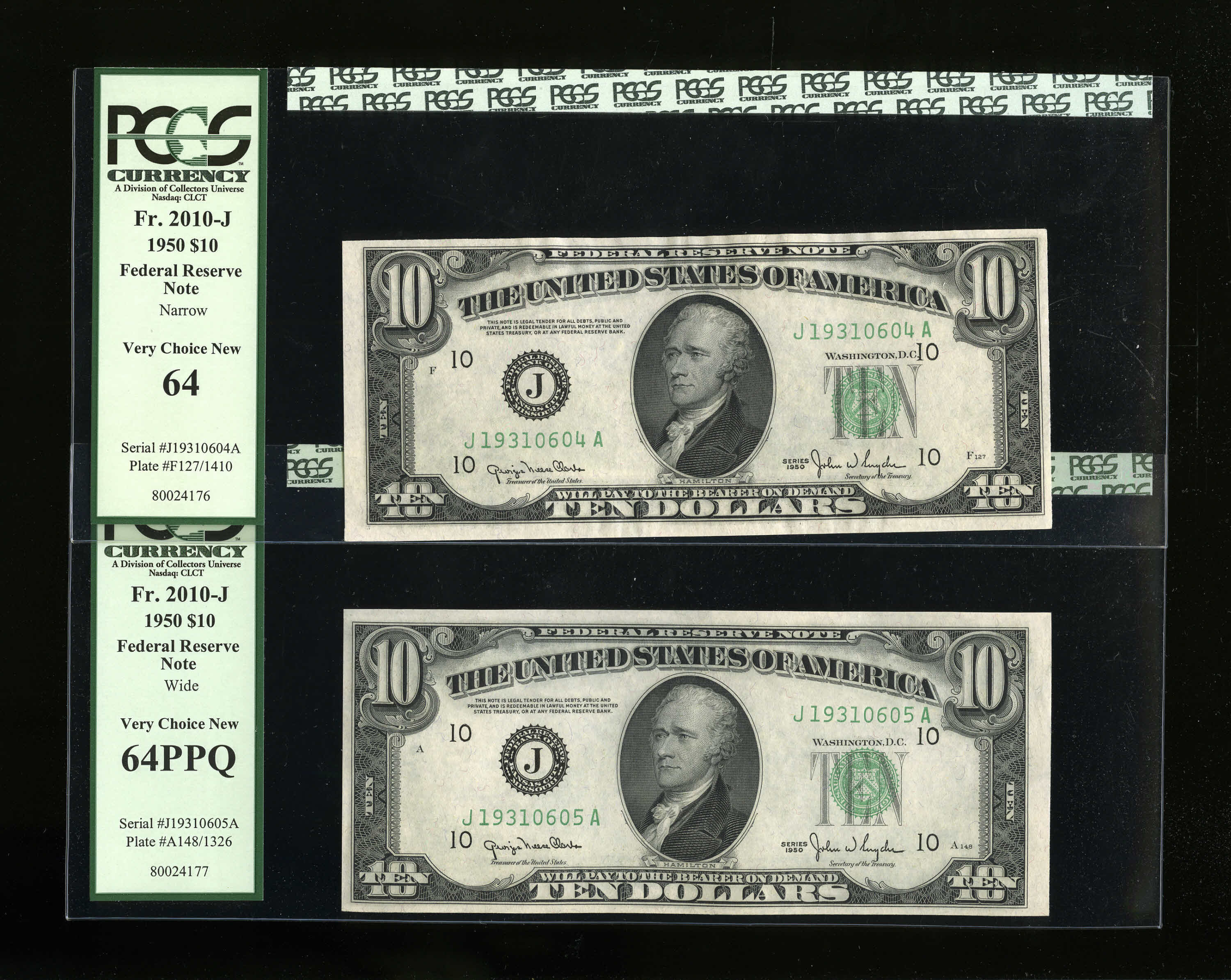 image for: Fr. 2010-J $10 1950 Narrow/Wide Federal Reserve Notes. Reverse Changeover Pair. PCGS Very Choice New 64/Very Choice New 64PPQ....