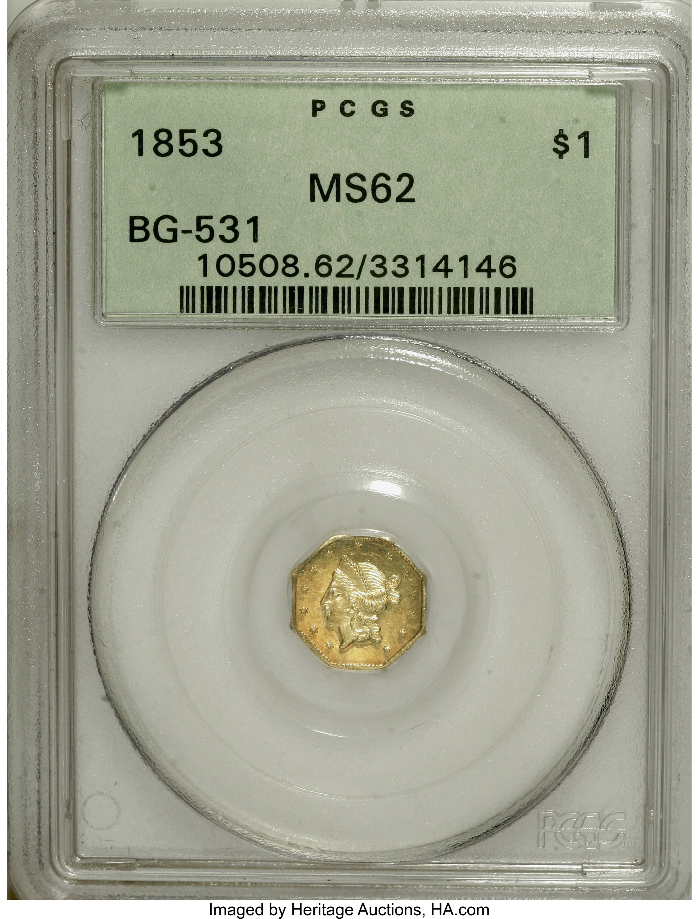 image for: 1853 $1 Liberty Octagonal 1 Dollar, BG-531, R.4, MS62 PCGS....