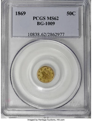 image for: 1869 50C Liberty Round 50 Cents, BG-1009, R.5, MS62 PCGS. PCGS Population (7/17). NGC Census: (0/2). (#10838)...