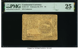 image for: Continental Currency February 26, 1777 $4 PMG Very Fine 25....