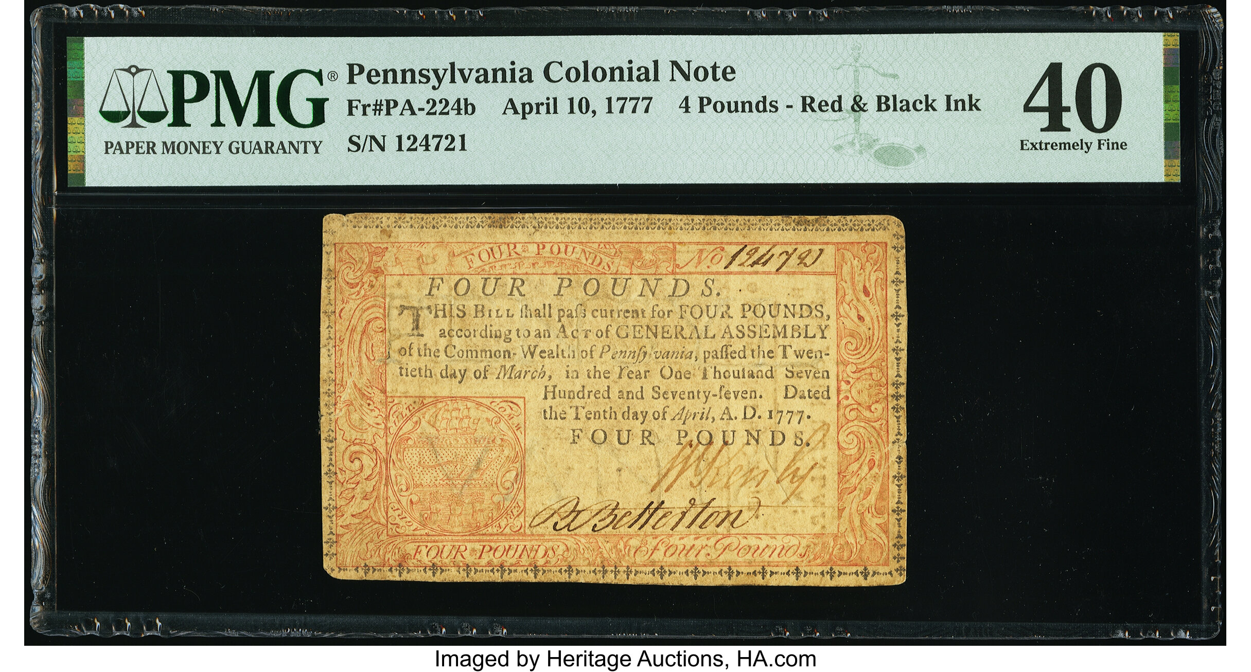 image for: Pennsylvania April 10, 1777 £4 Red and Black PMG Extremely Fine 40....