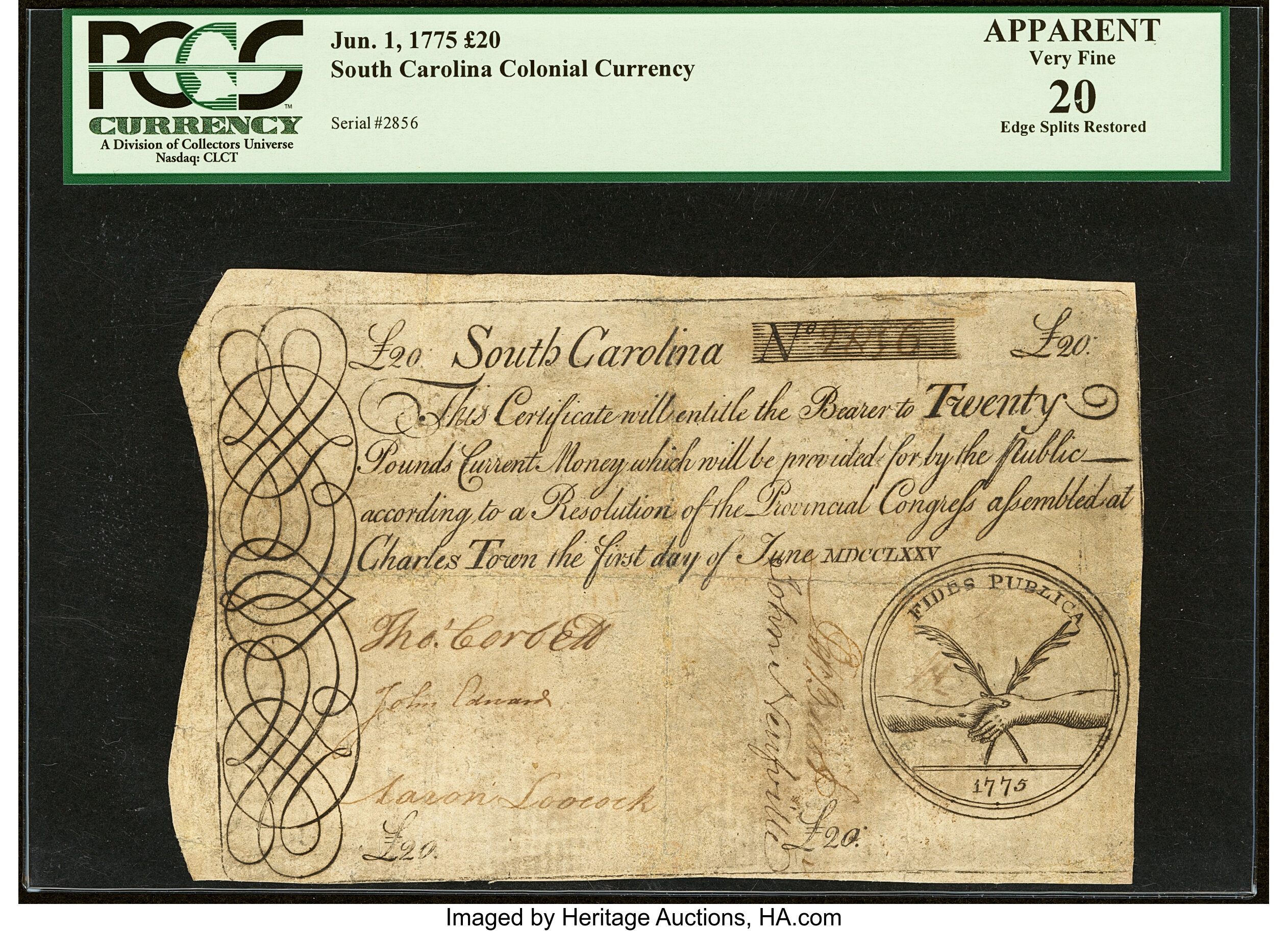 image for: South Carolina June 1, 1775 £20 PCGS Apparent Very Fine 20....