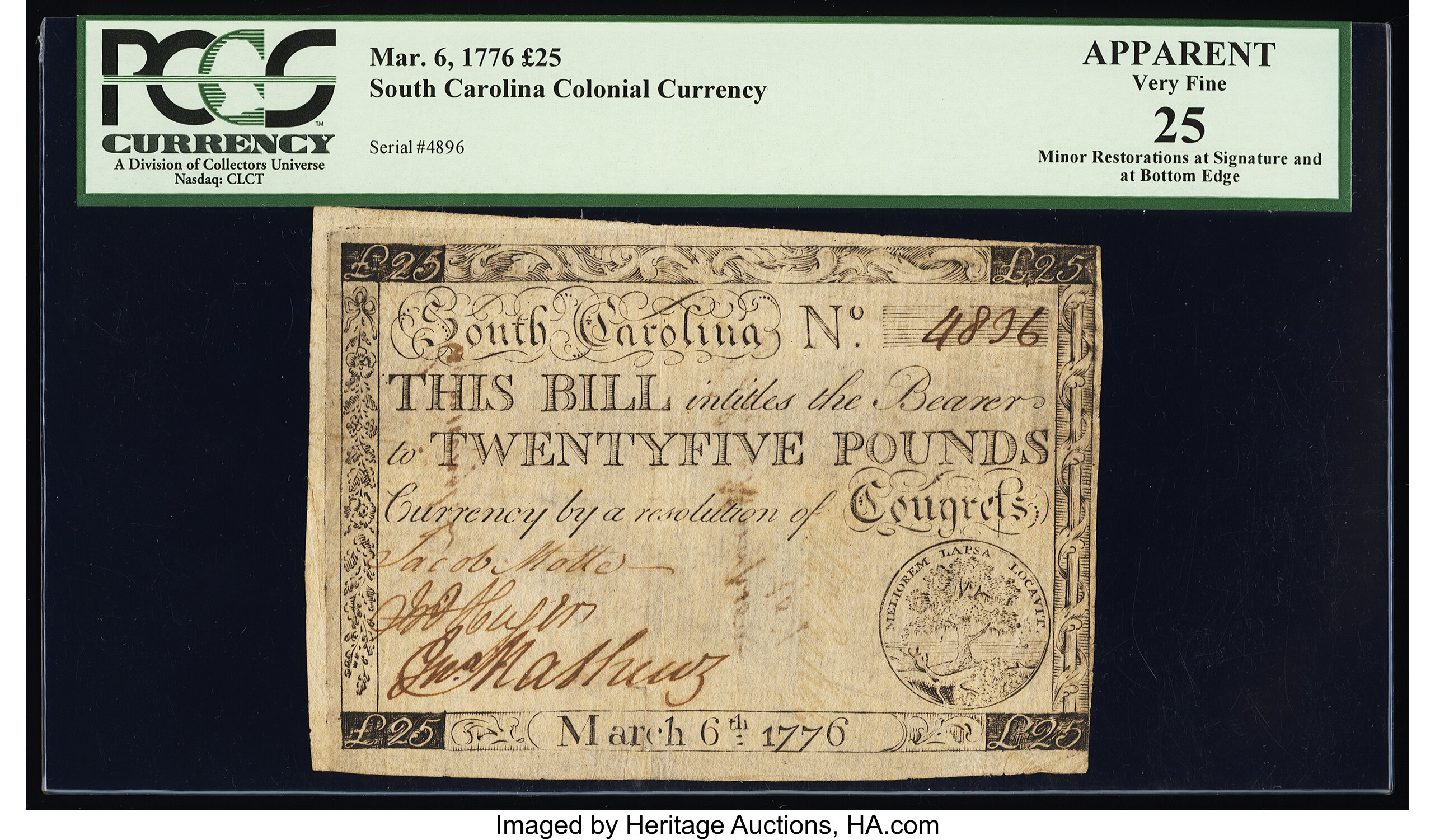 image for: South Carolina March 6, 1776 £25 PCGS Apparent Very Fine 25....