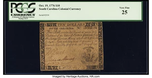 image for: South Carolina October 19, 1776 $10 PCGS Very Fine 25....