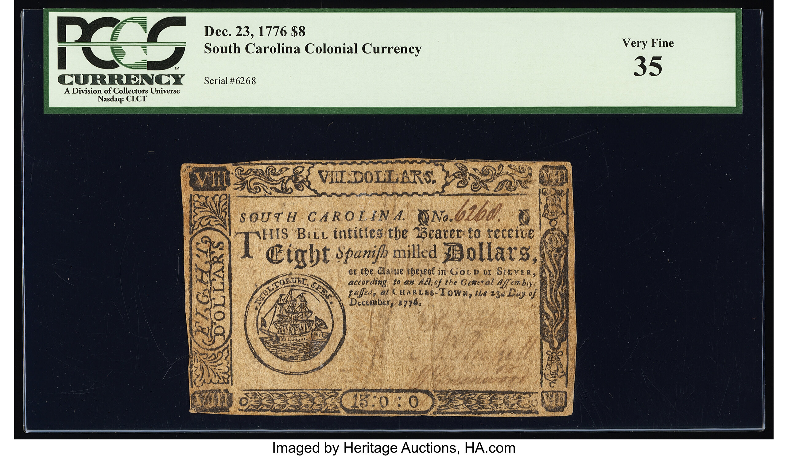 image for: Fully Signed South Carolina December 23, 1776 $8 PCGS Very Fine 35....
