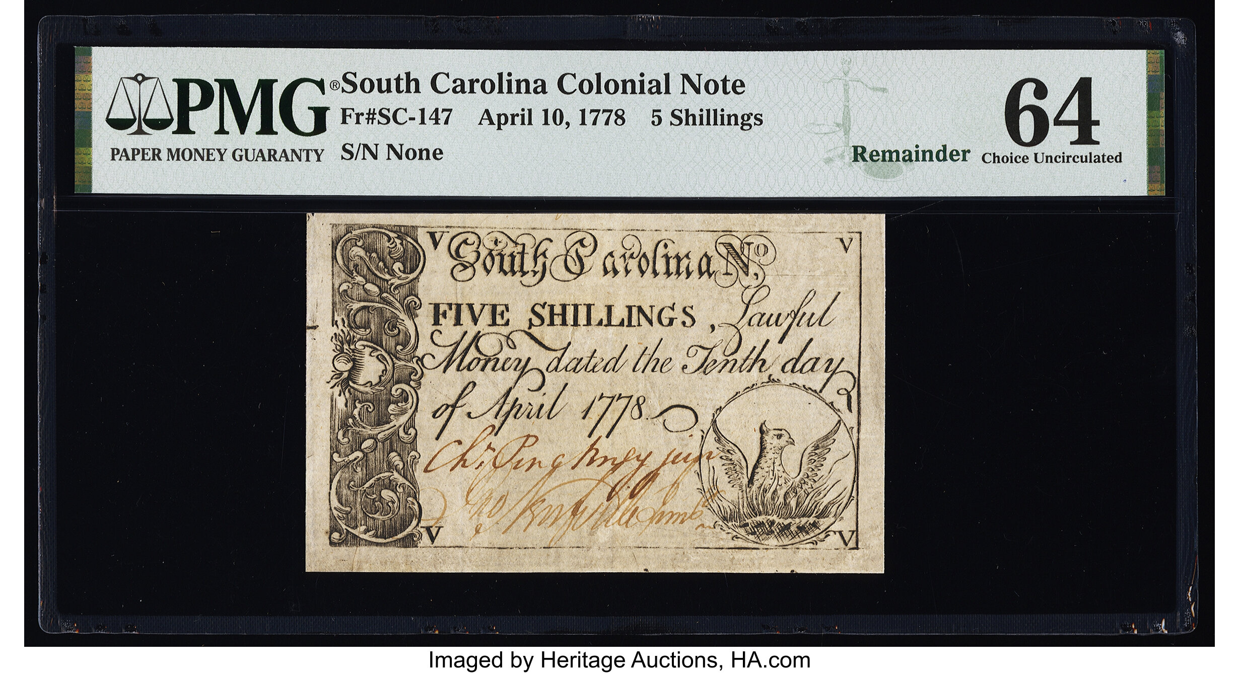 image for: South Carolina April 10, 1778 5s Remainder PMG Choice Uncirculated 64....