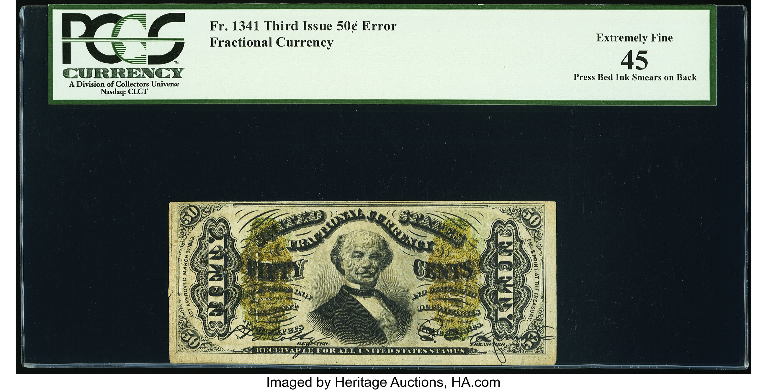 image for: Press Bed Ink Smear Error Fr. 1341 50¢ Third Issue Spinner Type II PCGS Extremely Fine 45....
