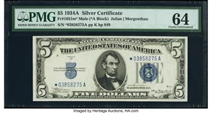 image for: Fr. 1651* $5 1934A Mule Silver Certificate Star. PMG Choice Uncirculated 64....