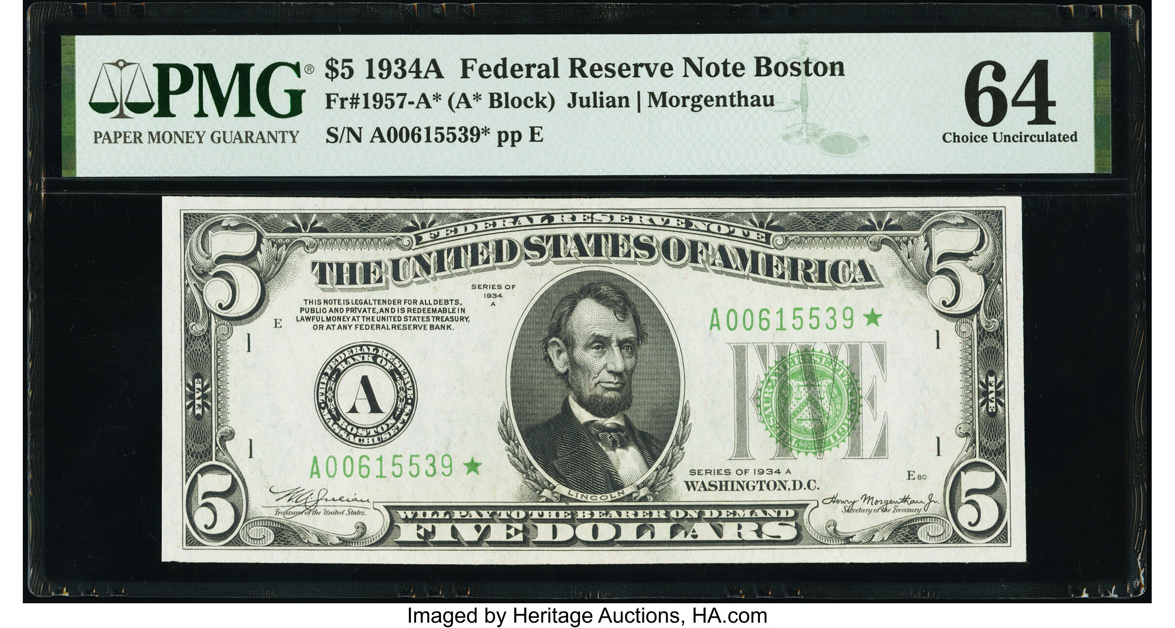 image for: Fr. 1957-A* $5 1934A Federal Reserve Star Note. PMG Choice Uncirculated 64....