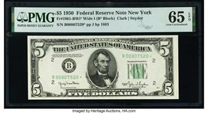 image for: Fr. 1961-B* $5 1950 Wide I Federal Reserve Star Note. PMG Gem Uncirculated 65 EPQ....