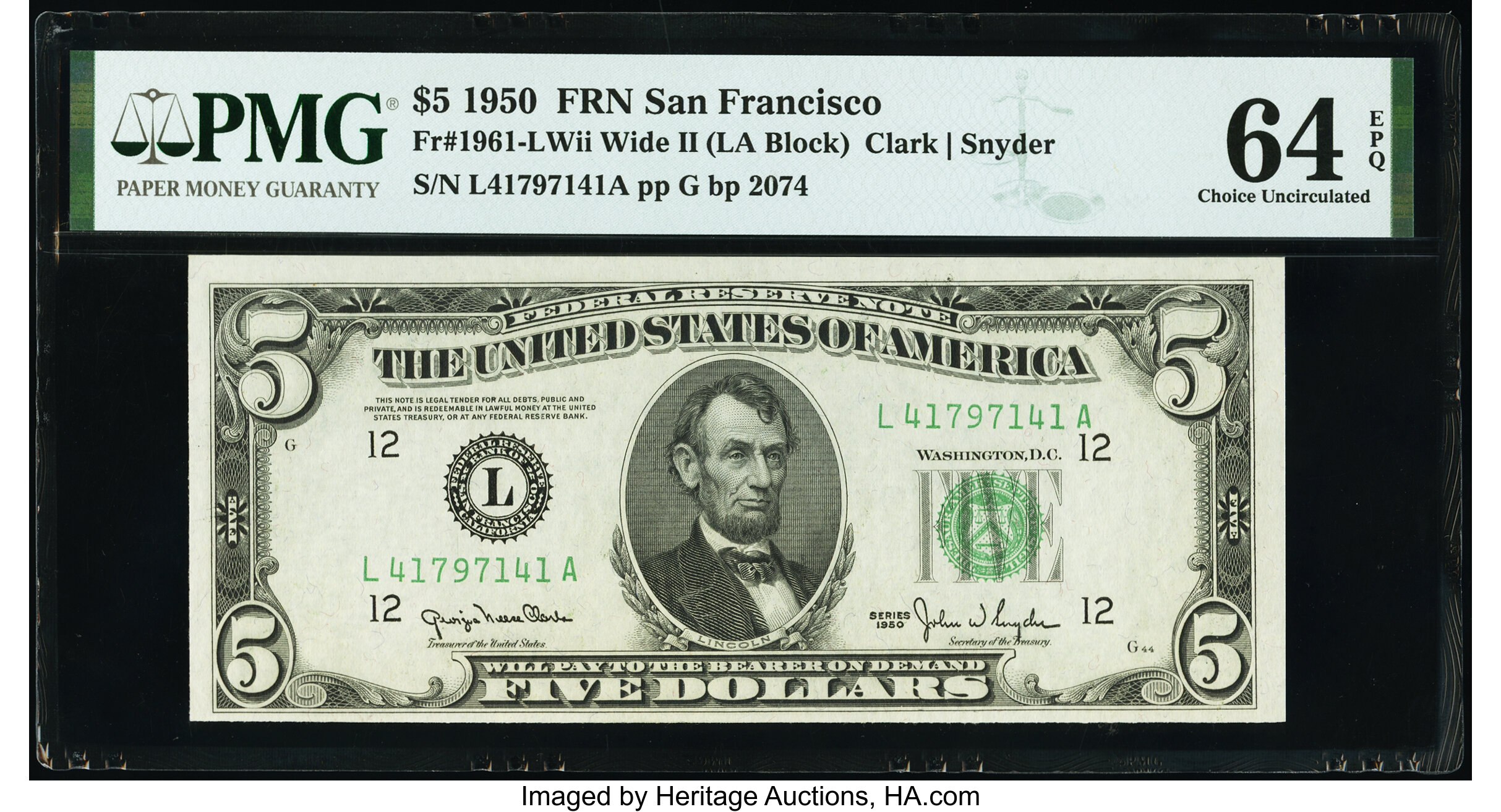 image for: Fr. 1961-L $5 1950 Wide II Federal Reserve Note. PMG Choice Uncirculated 64 EPQ....
