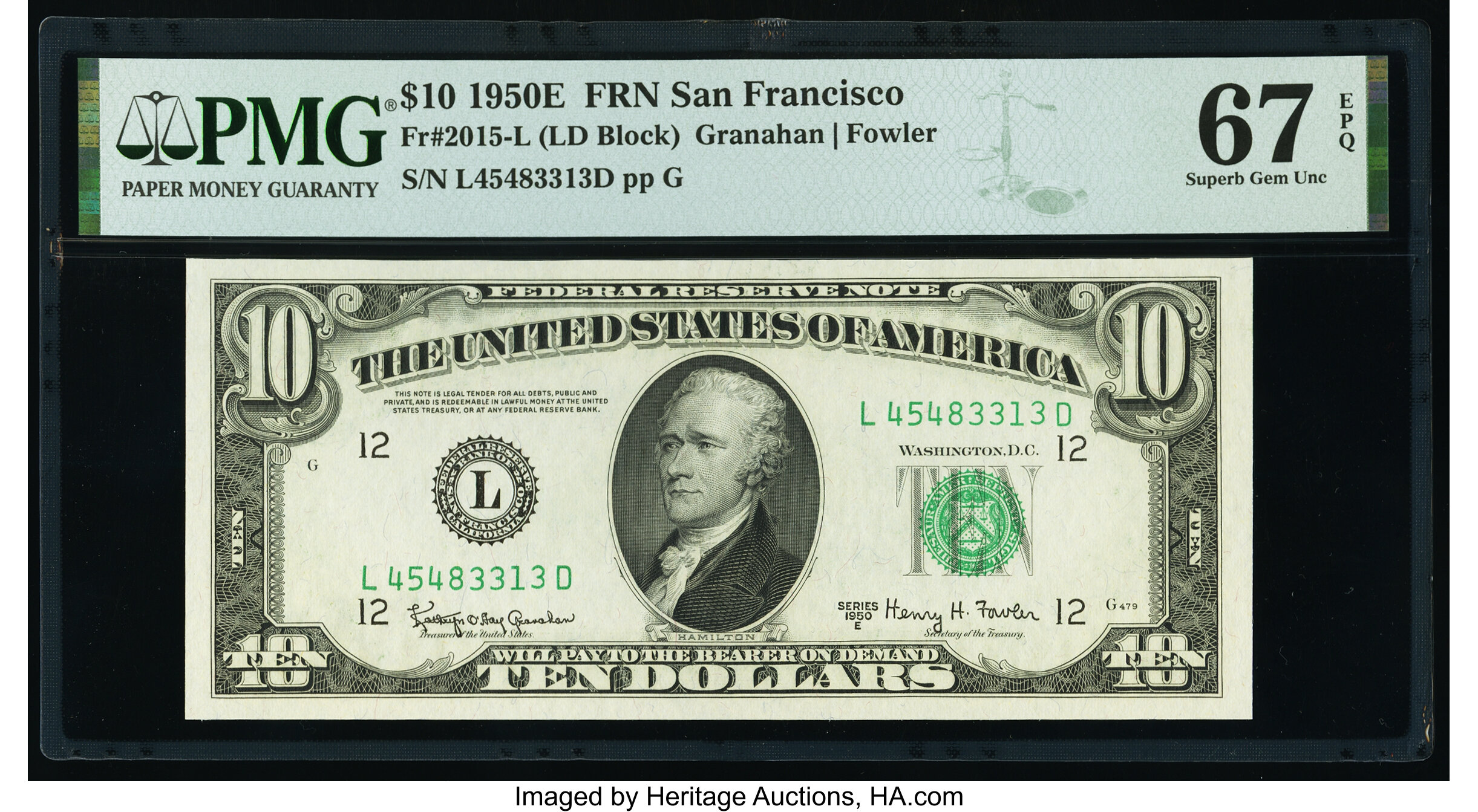 image for: Fr. 2015-L $10 1950E Federal Reserve Note. PMG Superb Gem Unc 67 EPQ....