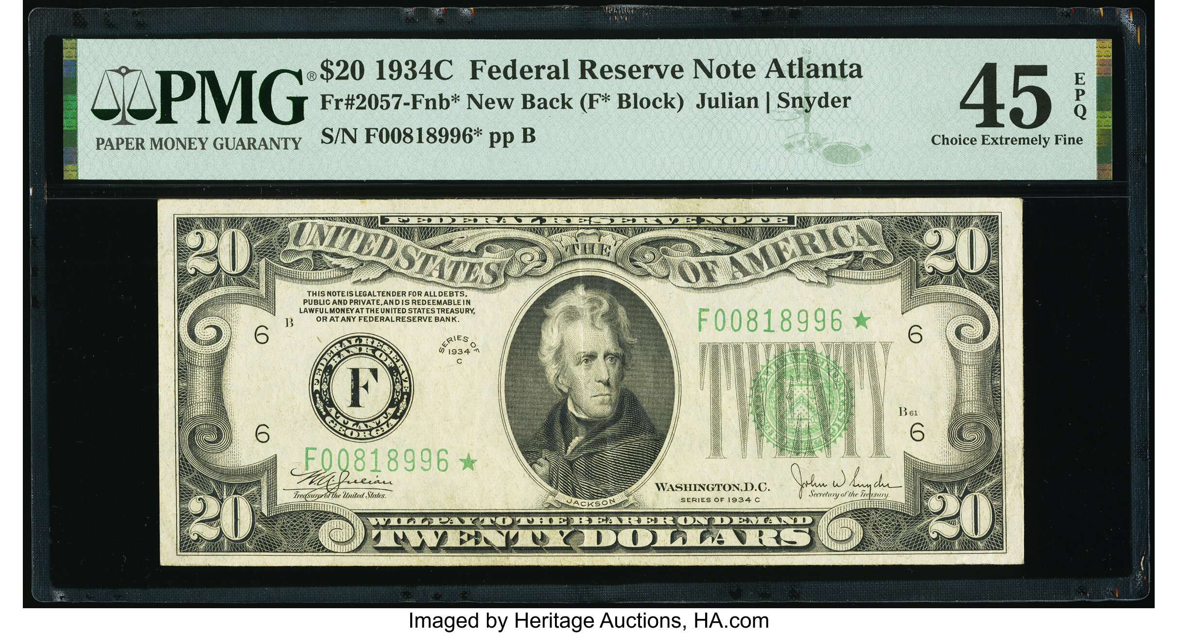 image for: Fr. 2057-F* $20 1934C New Back Federal Reserve Star Note. PMG Choice Extremely Fine 45 EPQ....