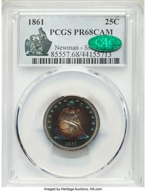 image for: 1861 25C PR68 Cameo PCGS. CAC. Briggs 7-E....