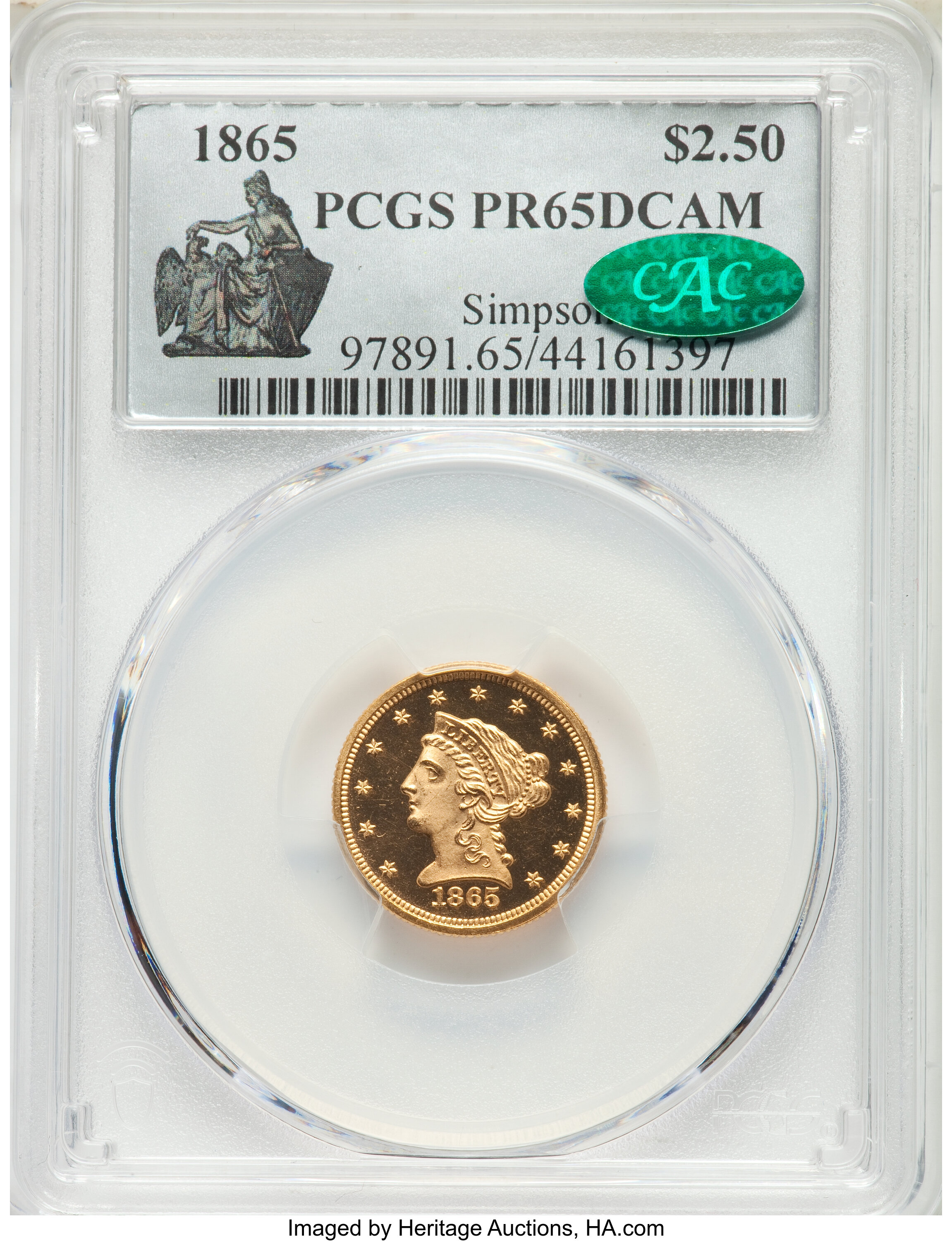 image for: 1865 $2 1/2 PR65 Deep Cameo PCGS. CAC. JD-1, High R.6....