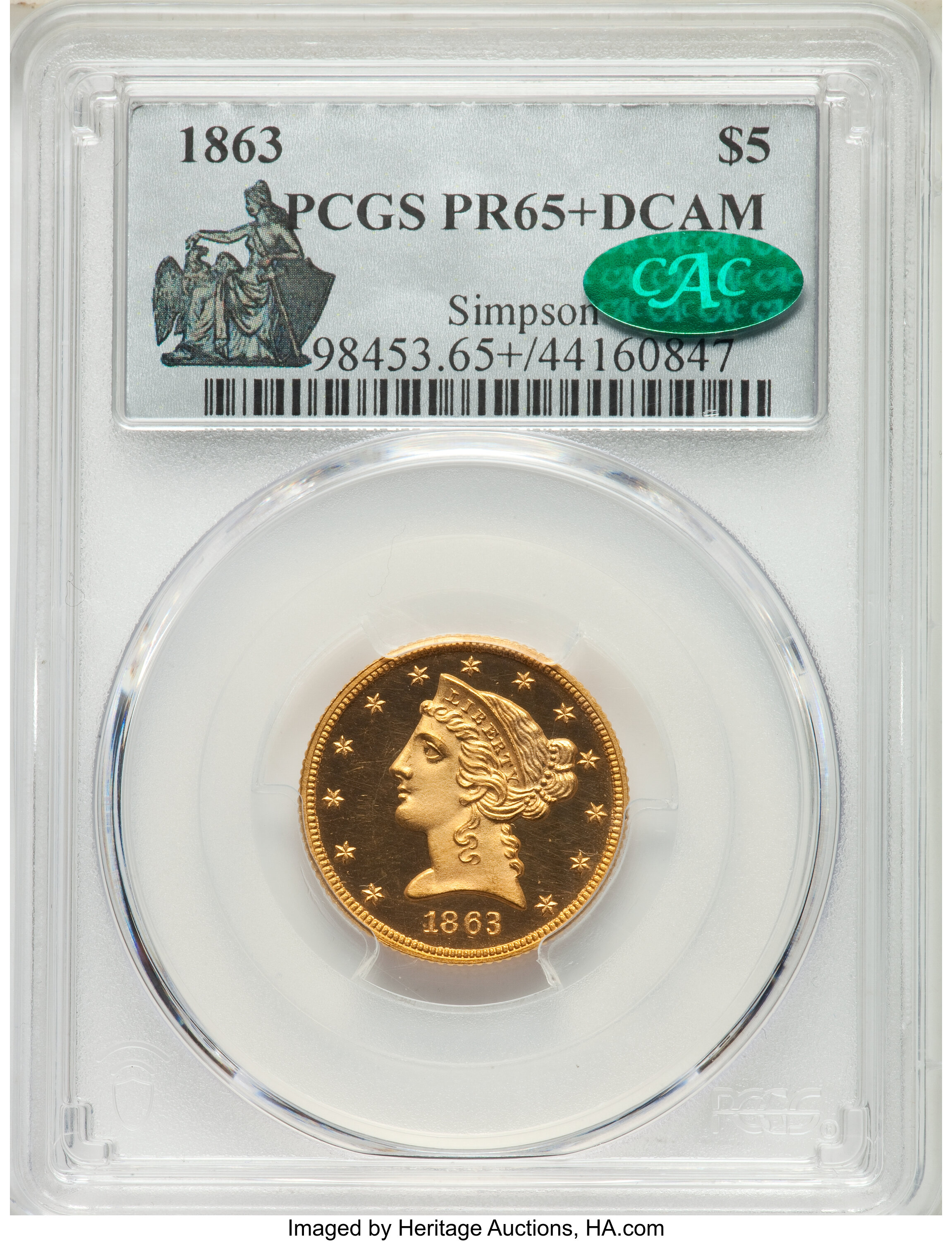 image for: 1863 $5 PR65+ Deep Cameo PCGS. CAC. JD-1, High R.6....
