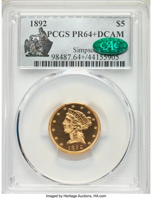 image for: 1892 $5 PR64+ Deep Cameo PCGS. CAC. JD-1, R.5....