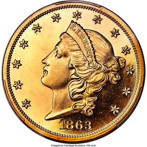 image for: 1863 $20 PR65+ Cameo PCGS. CAC. JD-1, Low R.7....