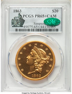 image for: 1863 $20 PR65+ Cameo PCGS. CAC. JD-1, Low R.7....