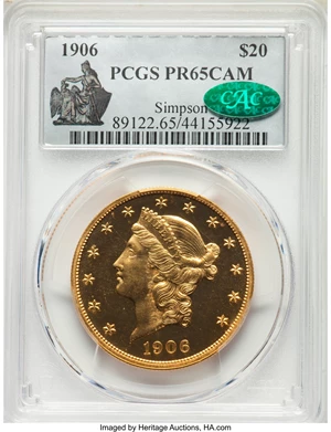 image for: 1906 $20 PR65 Cameo PCGS. CAC. JD-1, High R.4....