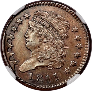 image for: 1811 1/2 C Wide Date, C-1, B-1, Low R.4, MS62 Brown NGC....