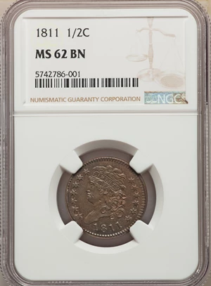 image for: 1811 1/2 C Wide Date, C-1, B-1, Low R.4, MS62 Brown NGC....